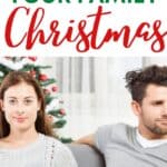 Couple on couch looking strained with a Christmas tree behind them. The text overlay says, How to survive your family Christmas.