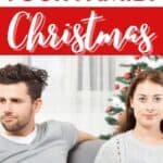 A couple looking stressed with Christmas decorations behind them.