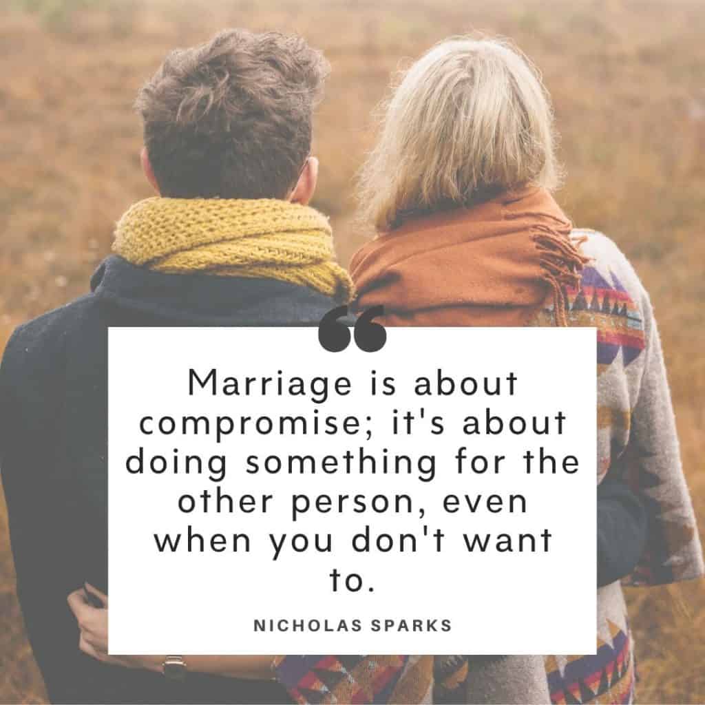 Nicholas Spark quote about marriage being hard work with a background image of a couple.