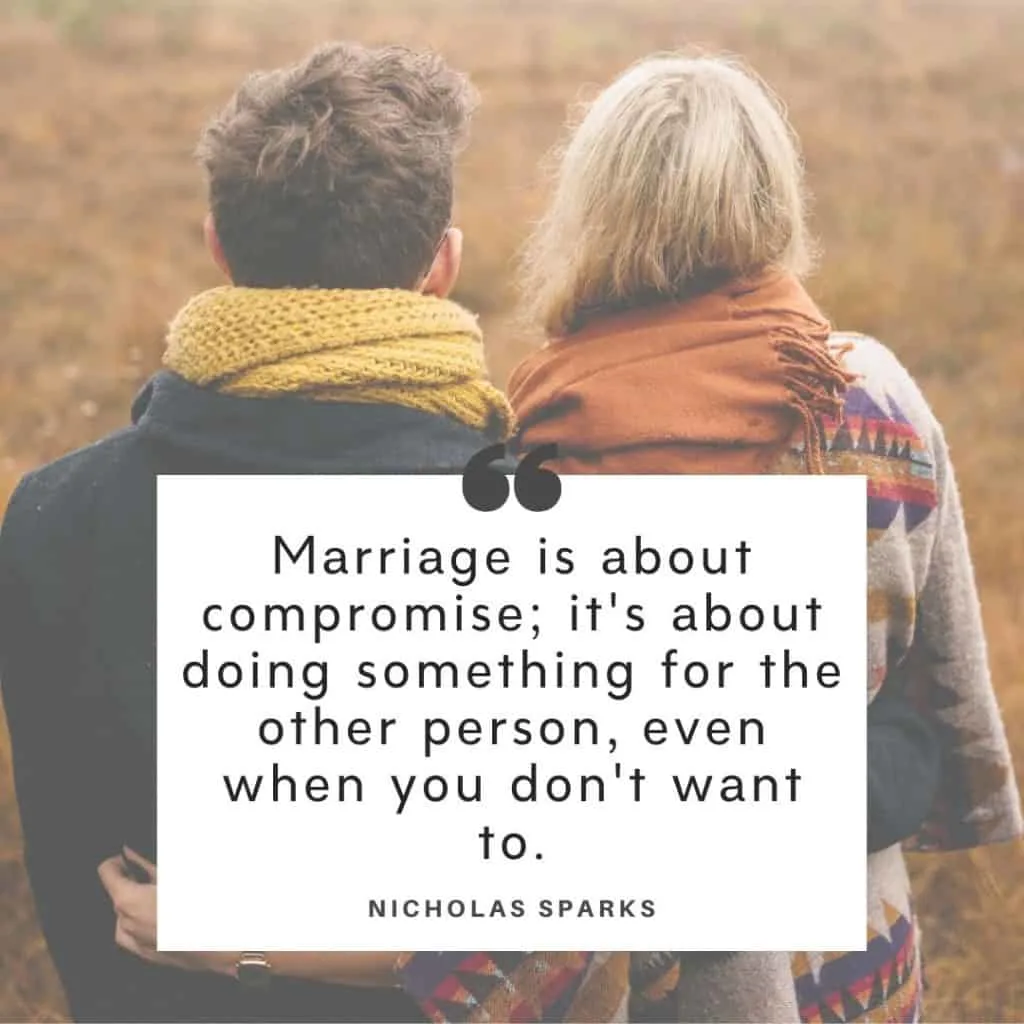 Nicholas Spark quote about marriage being hard work with a background image of a couple.