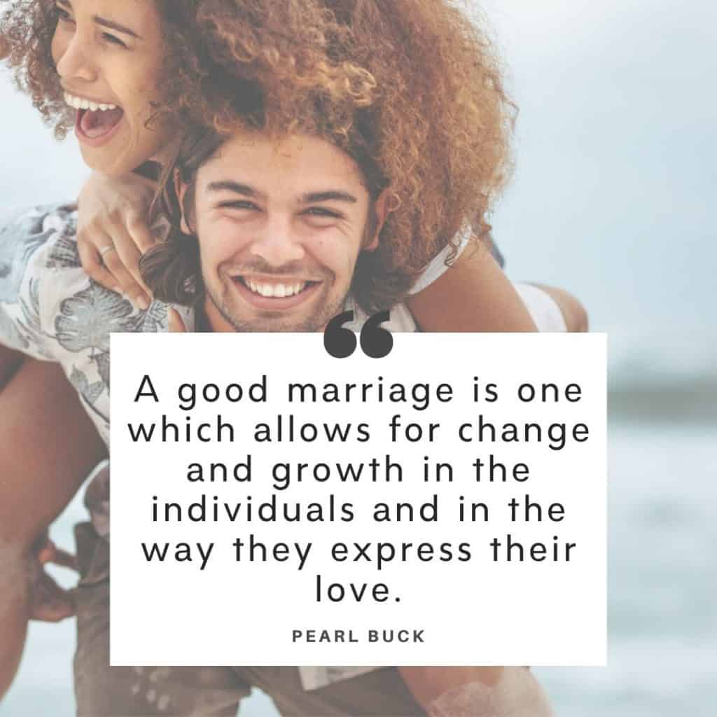 A couple laughing together with an overlay of troubled marriage quotes by Pearl Buck.