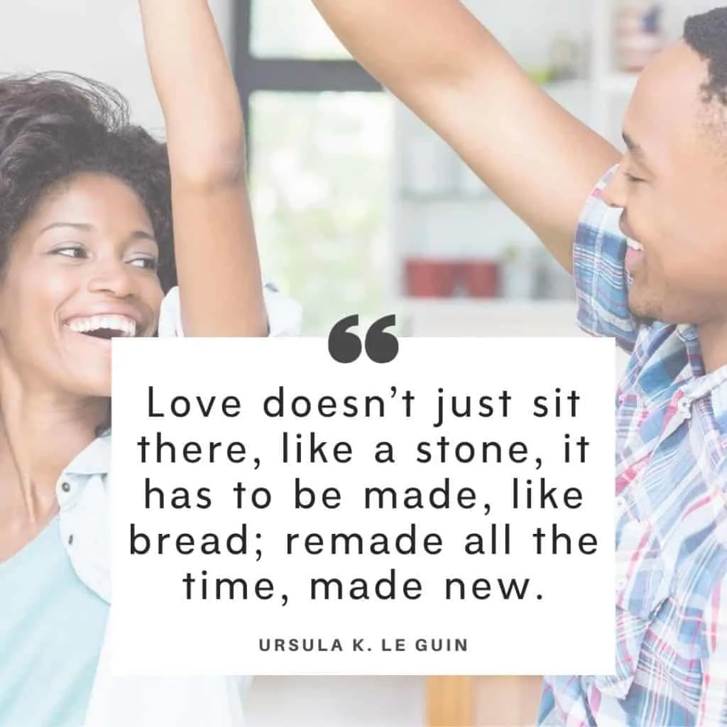 Black couple dancing in kitchen in the background with the text of an Ursula K L Guin troubled marriage quotes