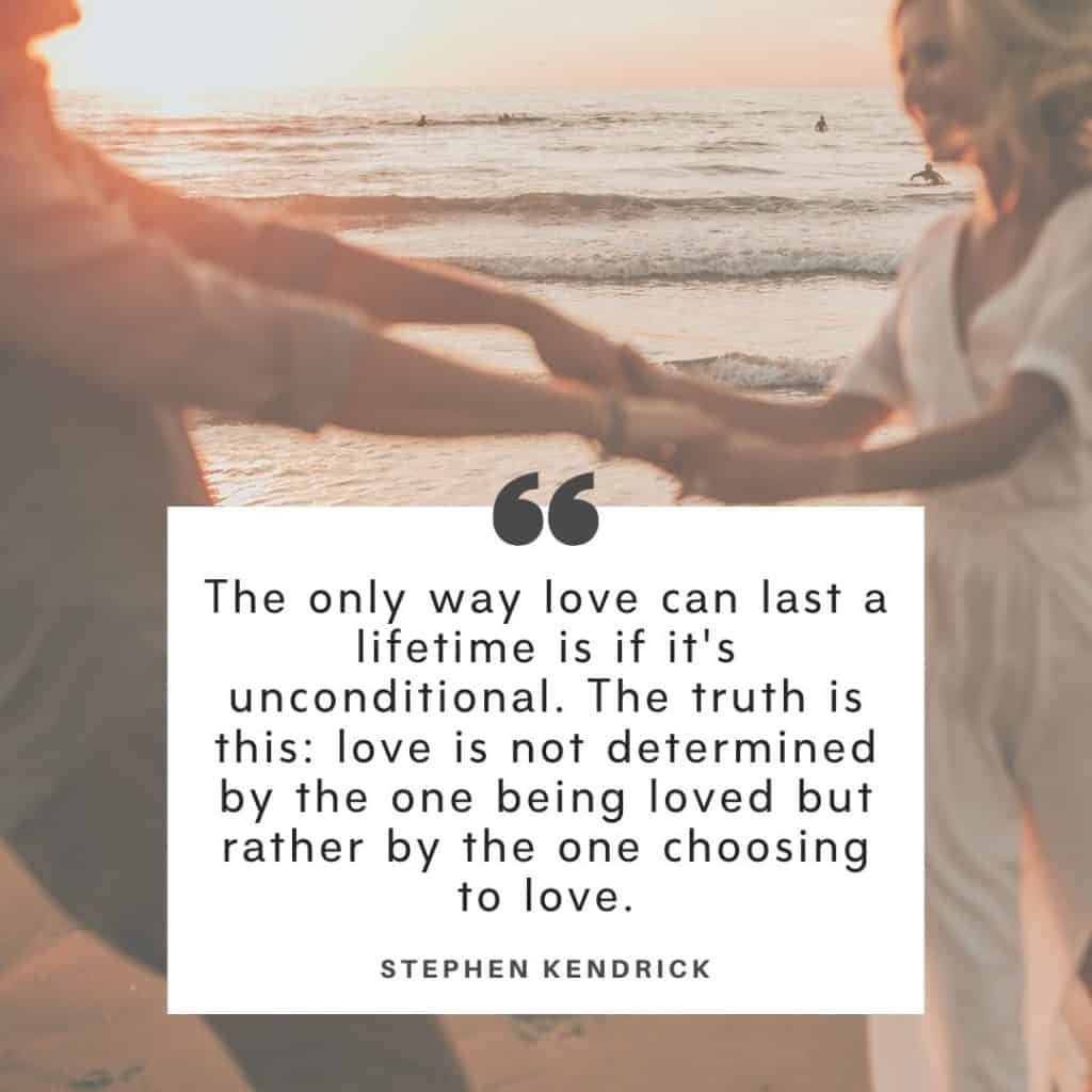 A couple spinning around holding hands at the beach at sunset with a marriage struggle quote by Stephen Kendrick