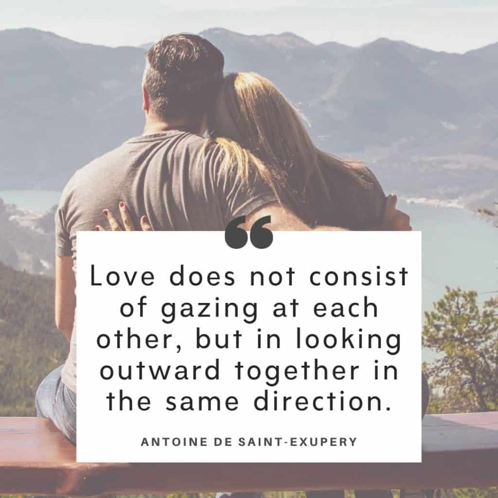 Struggling marriage quotes overlay. The background image is of the backs of a couple who are sitting looking over the water together.