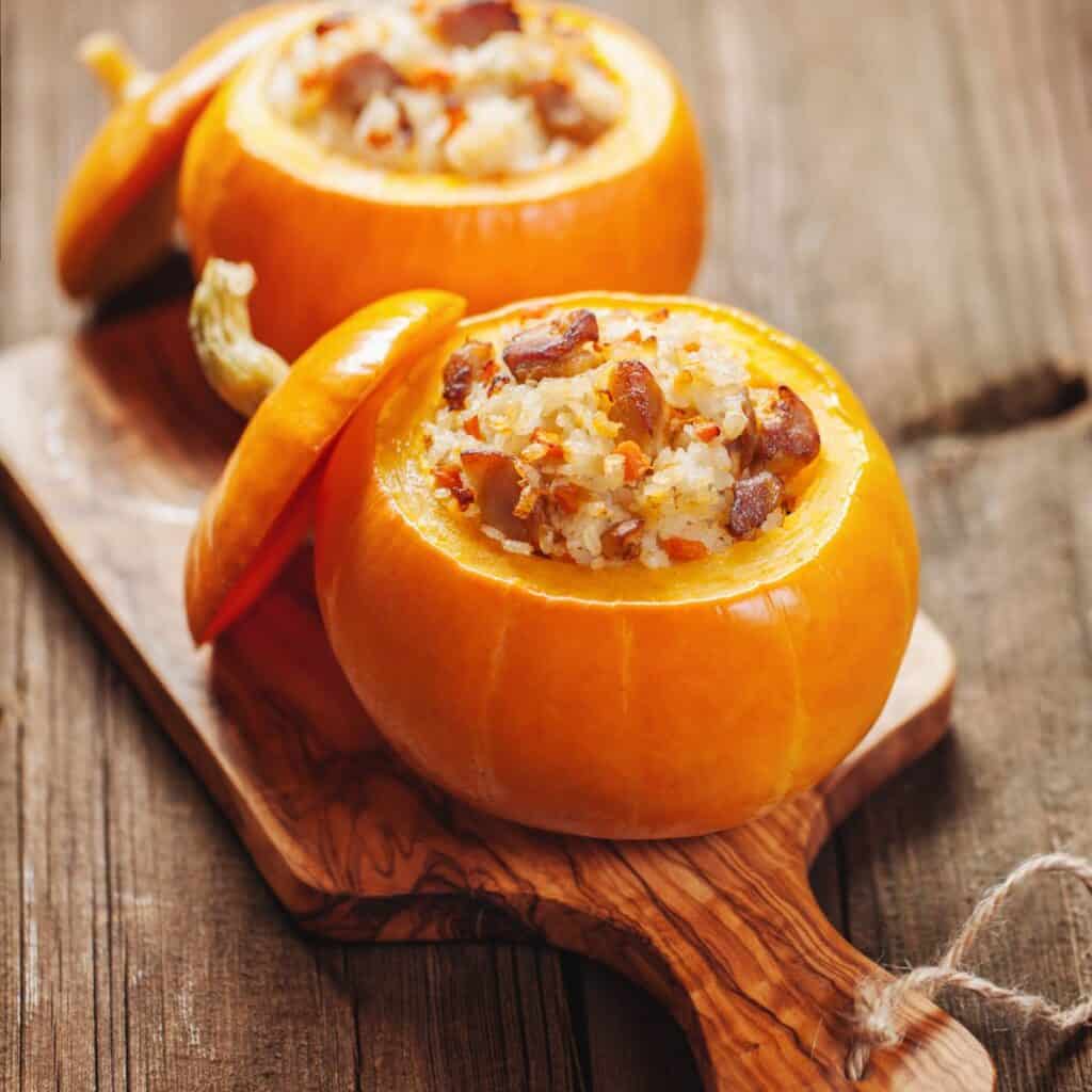 Roasted stuffed pumpkins prepared after using these Halloween dinner ideas