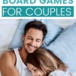 A couple laughing in bed with the text overlay, "Super sexy board games for couples.""