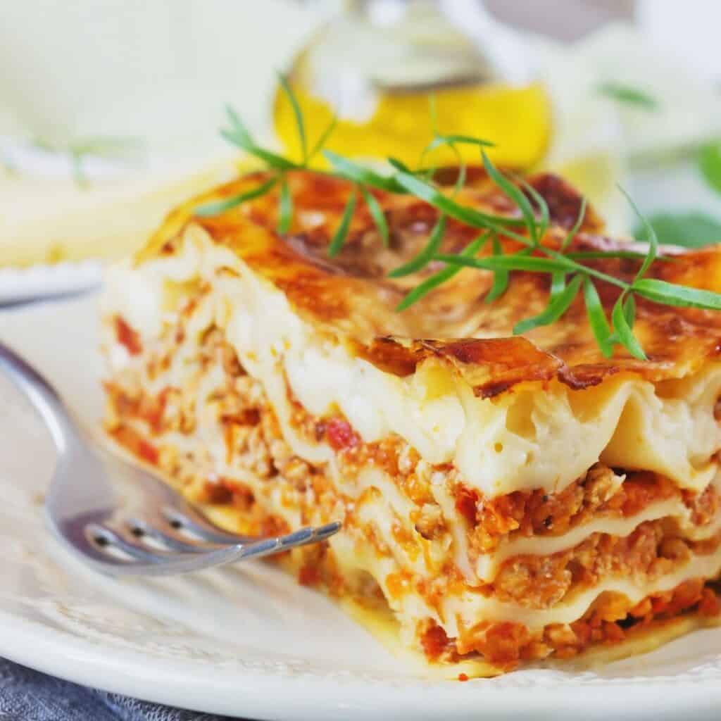 A homemade lasagna cooked as 80s nostalgia food for a retro dinner date night