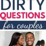 Black couple laughing at each other with cheeky grins and the text overlay says flirty and dirty questions for couples.