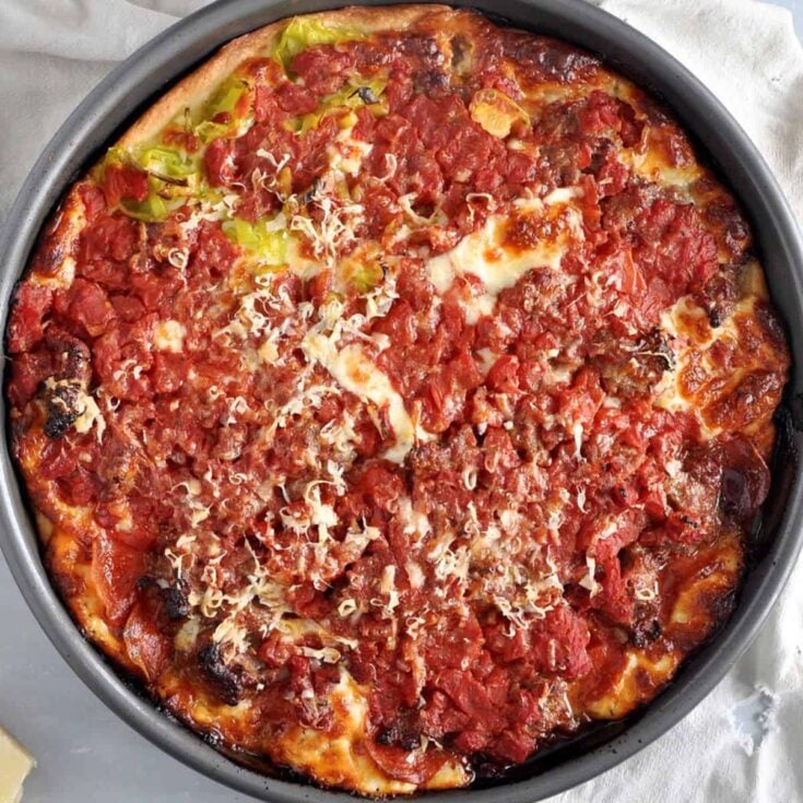 Chicago deep dish meat lover pizza in a pan