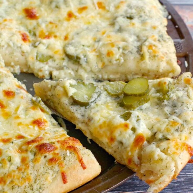 A slice of dill pickle pizza