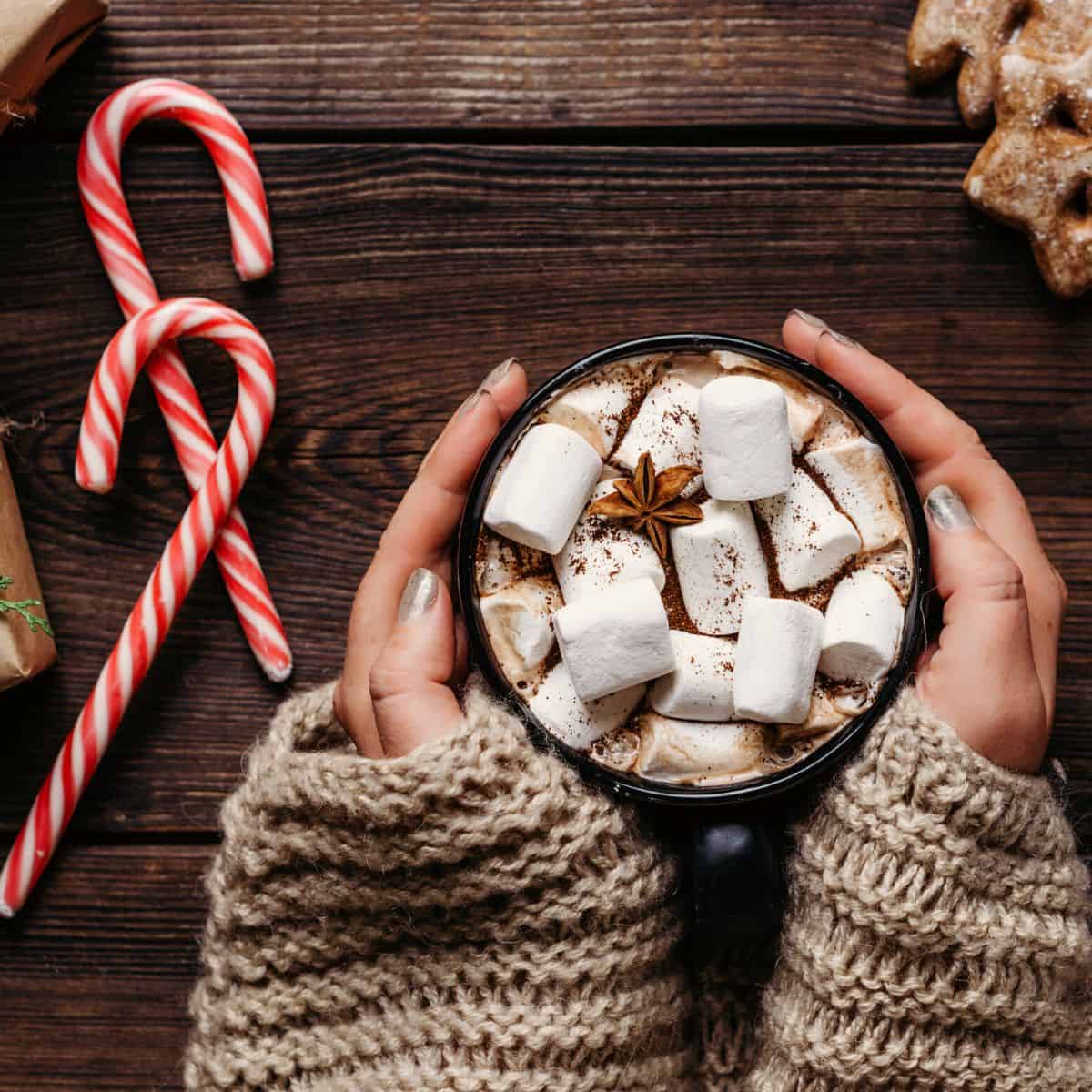 A woman in a knitted sweater holding a hot chocolate topped with marshmallows after reading these delicious hot chocolate recipes