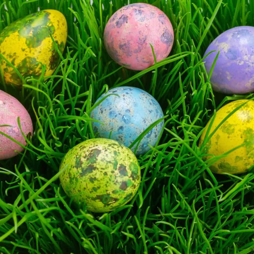 A collection of colored Easter eggs nestled in the grass that have been hidden for a scavenger hunt: a fun thing to do in Spring is try this Easter date idea.