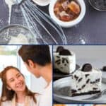 A collage of couple baking together, baking ingredients, crème brûlée, and oreo cheesecake with the text overlay romantic desserts to try that are easy to make at home