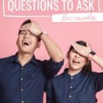 A happy couple making face palm gesture with the text overlay never have I ever questions to ask for couples