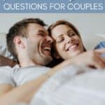 A couple on the bed laughing with the text overlay never have I ever questions for couples
