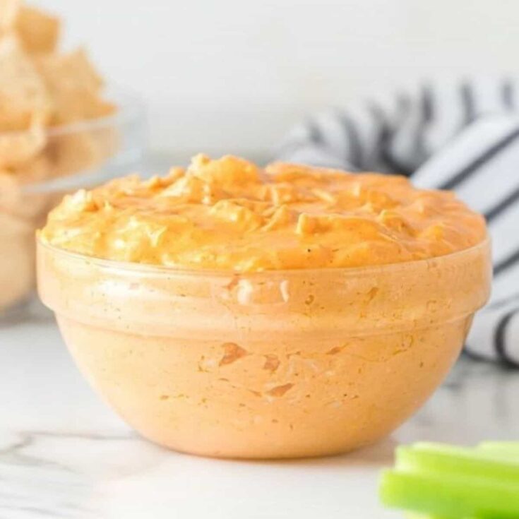 A bowl of buffalo chicken dip perfect as Super bowl appetizer