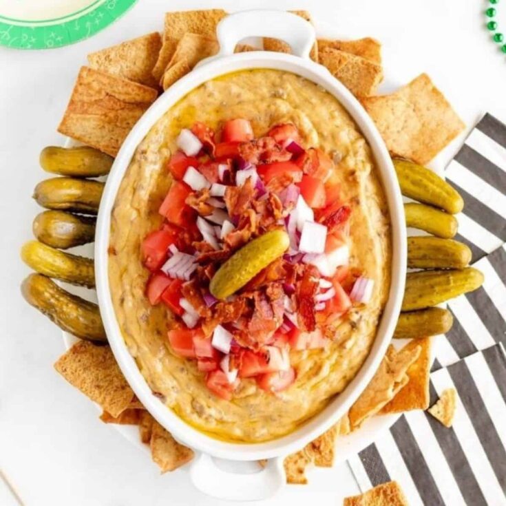 A delicious cheeseburger dip perfect as Super bowl appetizer