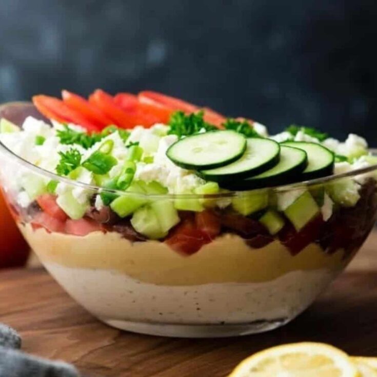 Easy layered Greek dip perfect as Super bowl appetizer