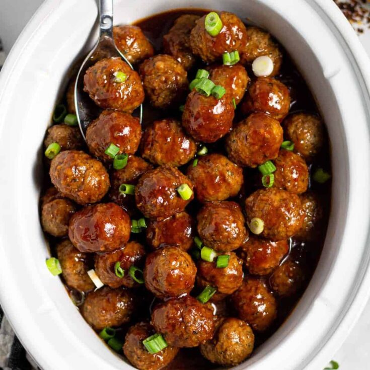 Slow cooker bourbon whiskey BBQ meatballs perfect as Super bowl appetizer