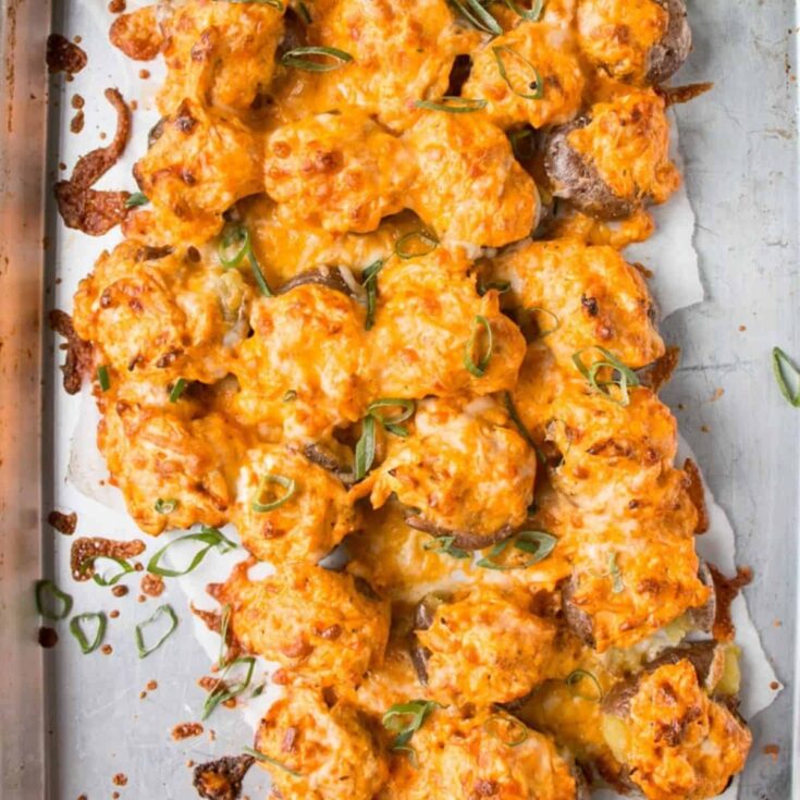 An appetizing Buffalo chicken smashed potatoes perfect as Super bowl appetizer