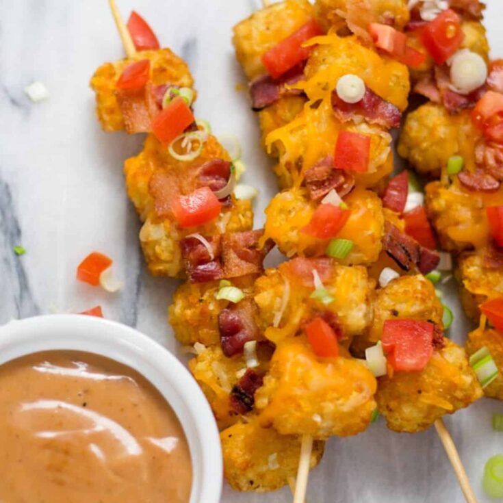 A set of delicious Tater tot kabobs perfect as Super bowl appetizer