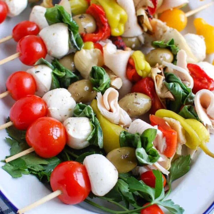 A set of mediterranean antipasto skewers perfect as Super bowl appetizer