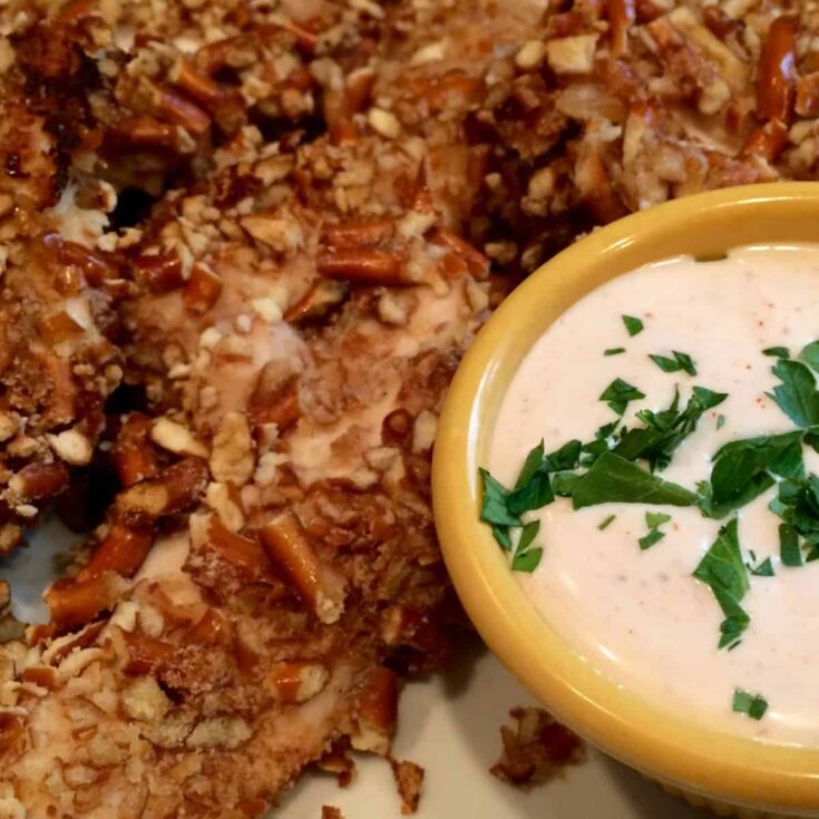 Pretzel ranch chicken tenders and buffalo ranch dipping sauce perfect as a Super bowl appetizer