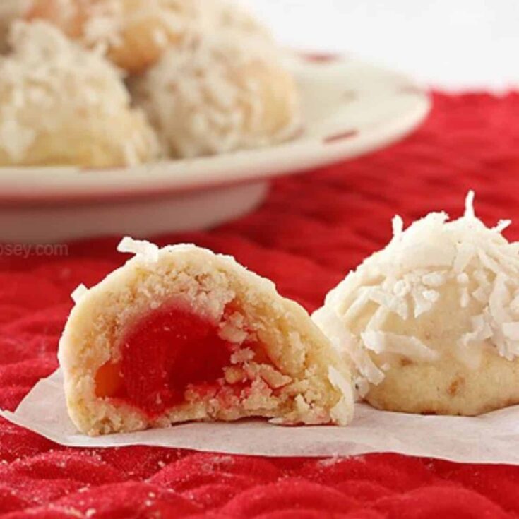 Cherry coconut snowball cookies perfect to serve as Christmas cookies