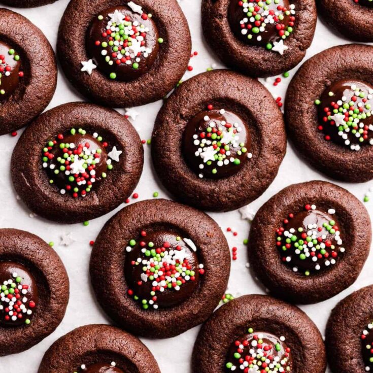 A set of chocolate thumbprint cookies perfect to serve as Christmas cookies