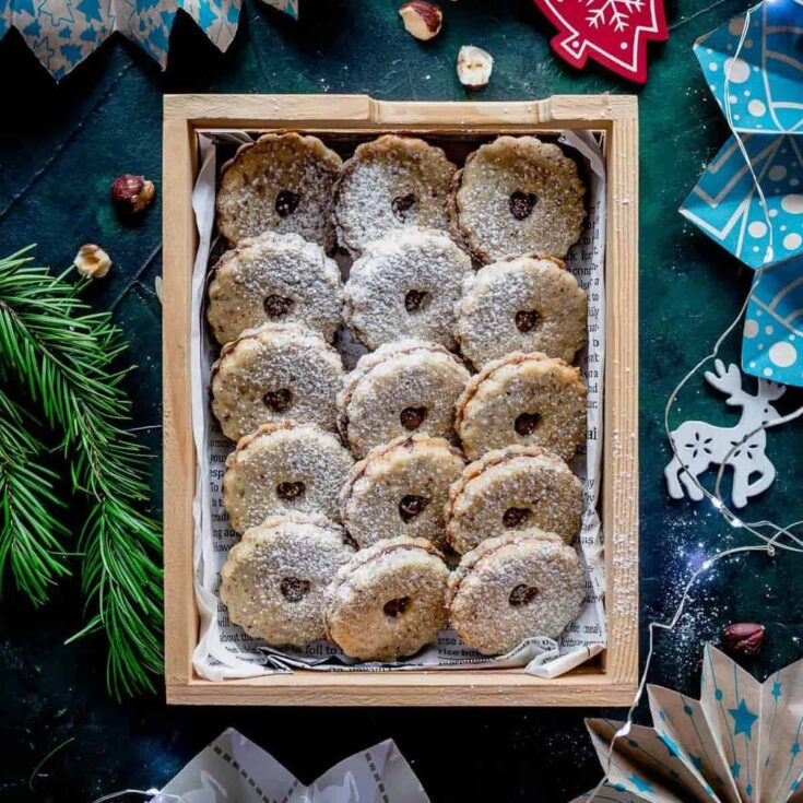 A tray of hazelnut linzer cookies perfect to serve as Christmas cookies