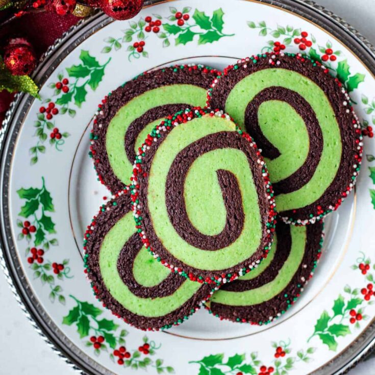 A plate of chocolate mint pinwheel cookies perfect to serve as Christmas cookies