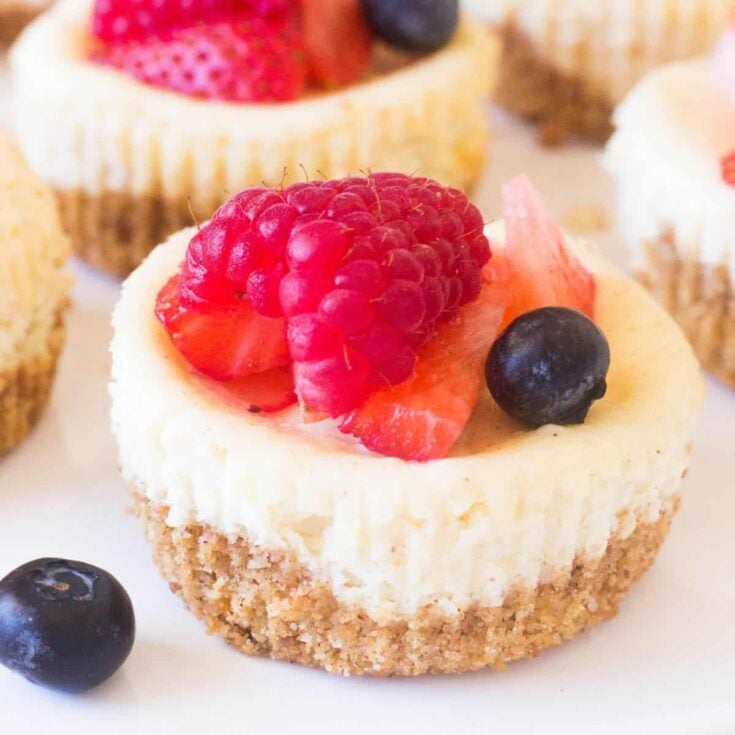 An appetizing mini cheesecake bite topped with slices of raspberry, strawberry, and blueberry