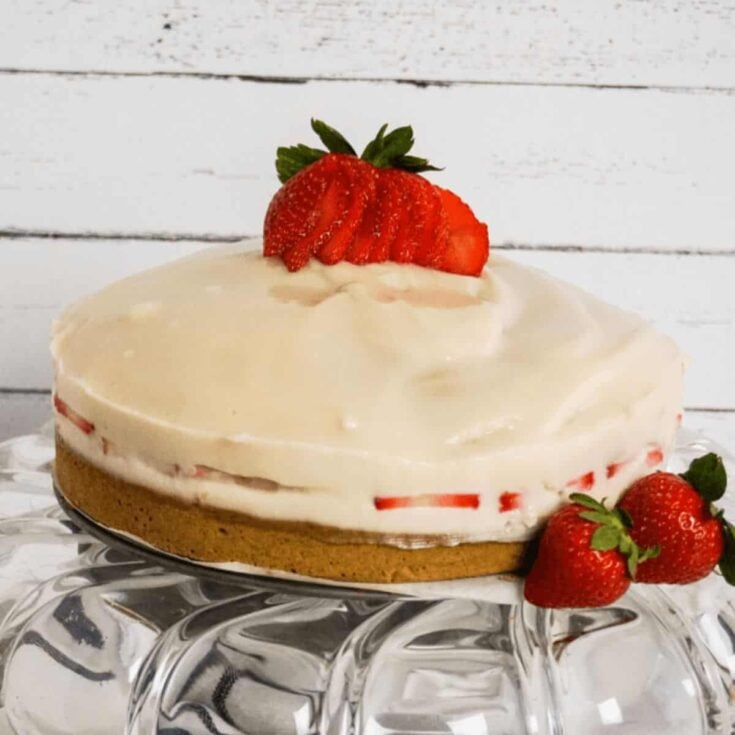 A fresh strawberry shortcake cheesecake