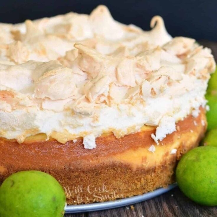 A delicious key lime pie cheesecake served on the table