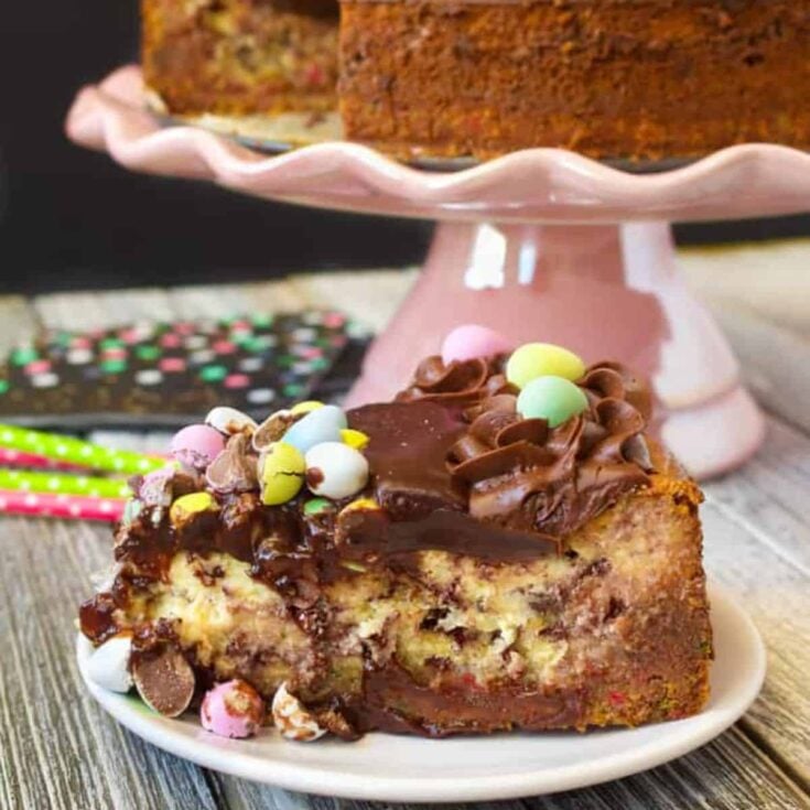 A slice of mini egg cheesecake