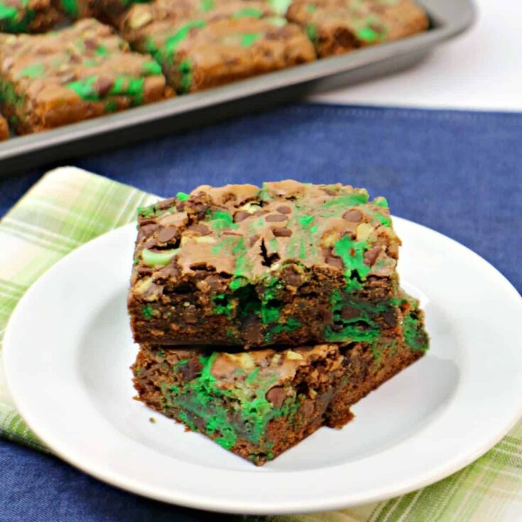A plate of mint chocolate cheesecake brownies