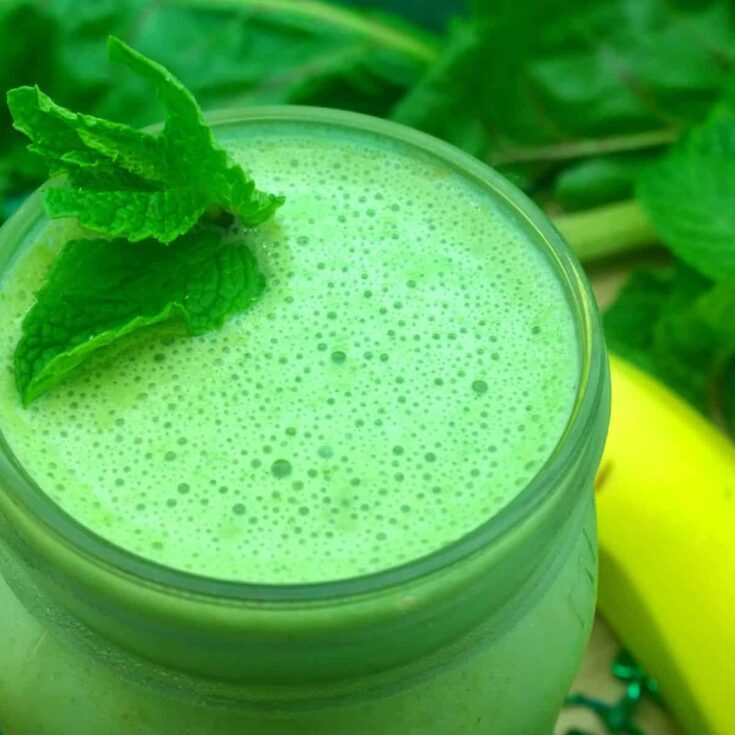 A glass of minty shamrock vegan smoothy