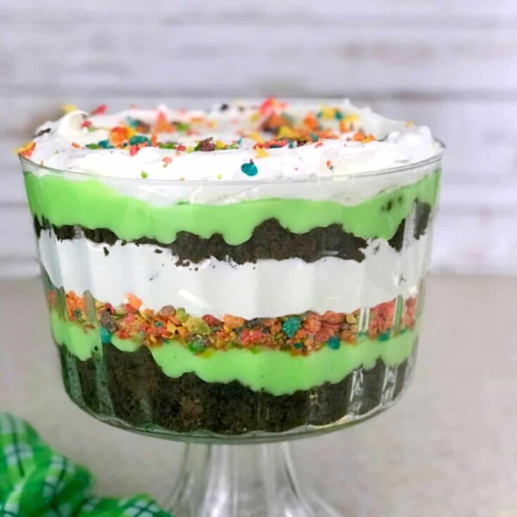 A bowl of rainbow layered trifle dessert