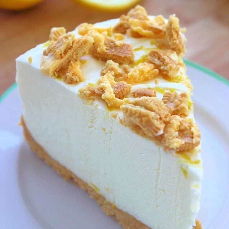 A slice of triple lemon oreo cheesecake