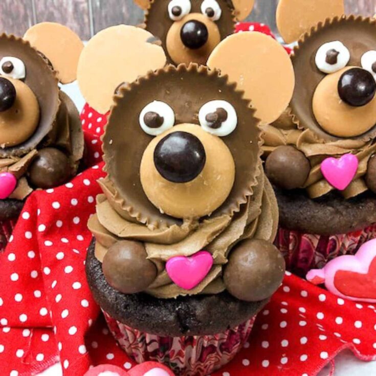 A set of chocolate bear-shaped Valentines Day cupcakes