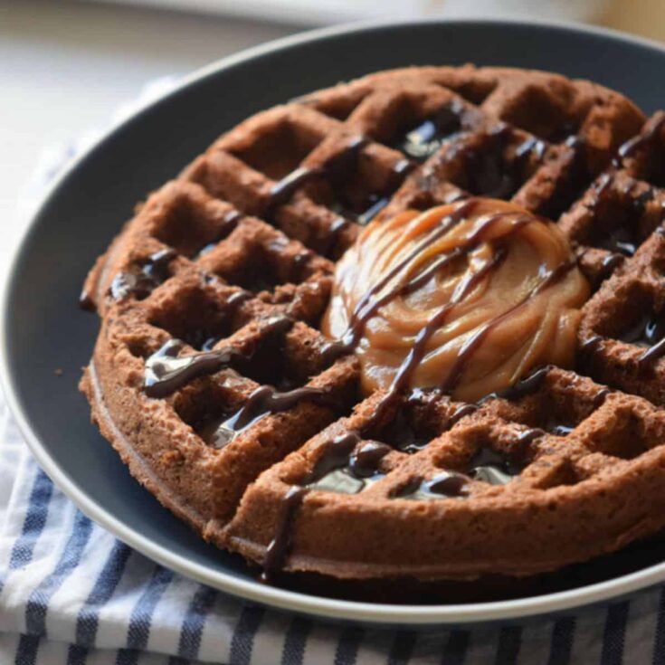 A plate of delicious chocolate caramel waffle