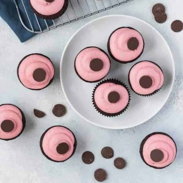 A plate of chocolate raspberry cupcakes Valentines Day cupcakes
