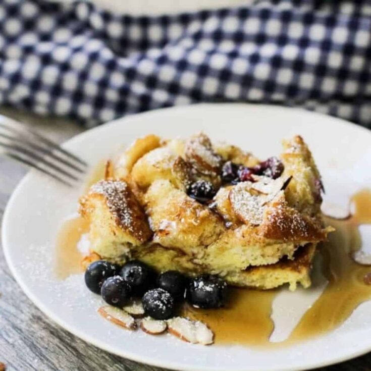 A plate of blueberry French toast casserole