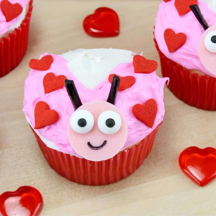 A cute love bug Valentines Day cupcake with little heart toppings