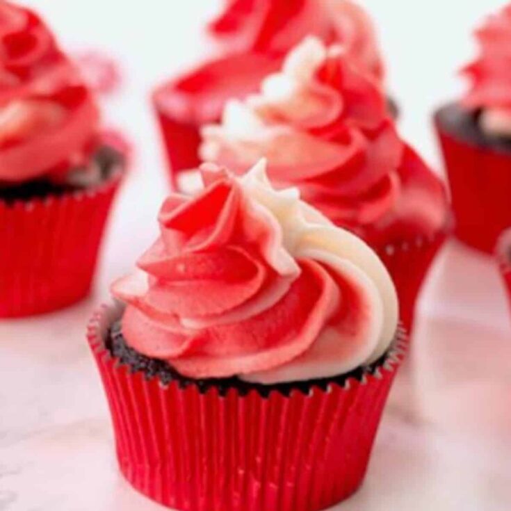 A set of peppermint bark cupcakes Valentines Day cupcakes