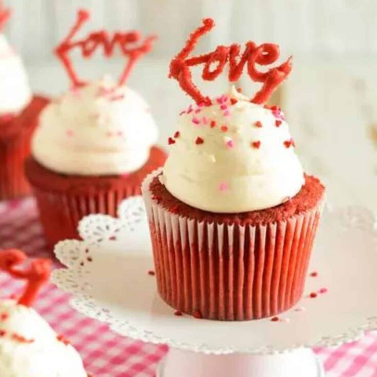 A tray of Red velvet cakelets Valentines Day cupcakes