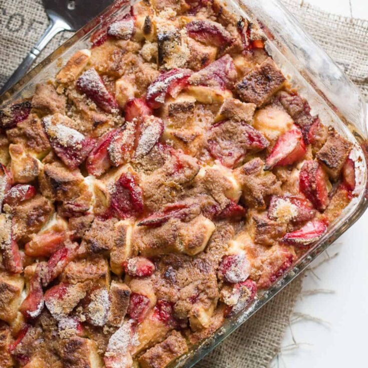A tray of strawberry cream cheese French toast bake perfect for 4th of July breakfast ideas