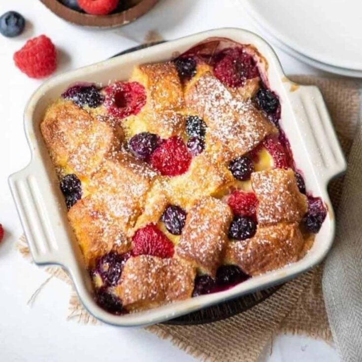 A dish of very berry bread pudding perfect for 4th of July breakfast ideas