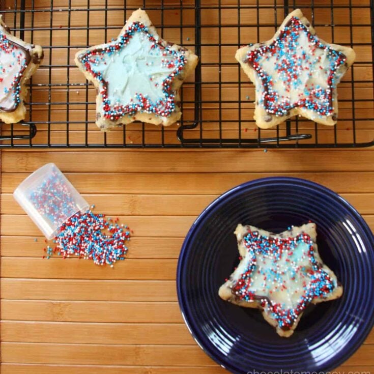 A tray and plate of Chocolate chip cut out cookies perfect as Patriotic Cookies