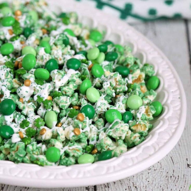 A dish of Leprechaun popcorn perfect as St. Patrick's Day treats